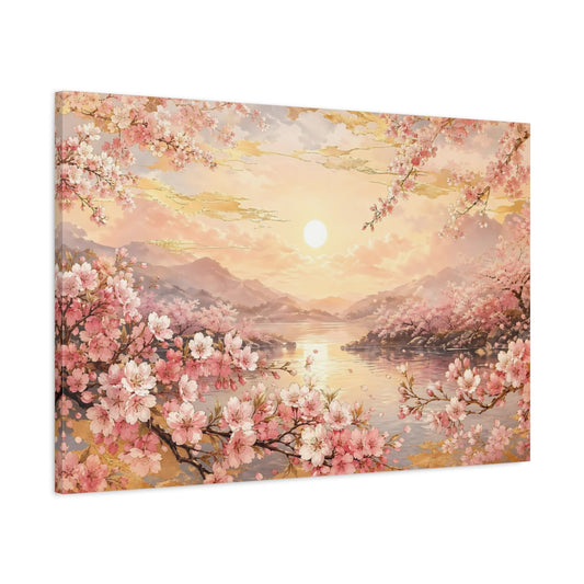 Main Mockup. Nature Cherry Blossoms Pink Golden Sunset shown as stretched canvas wall art