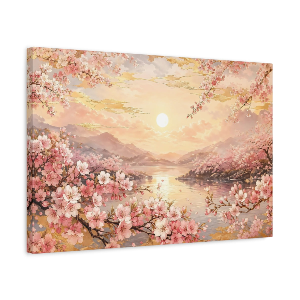 Side Mockup 3. Nature Cherry Blossoms Pink Golden Sunset shown as stretched canvas wall art
