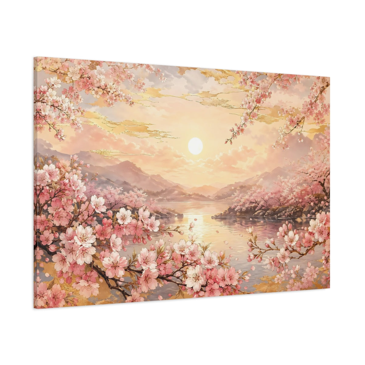 Side Mockup 1. Nature Cherry Blossoms Pink Golden Sunset shown as stretched canvas wall art