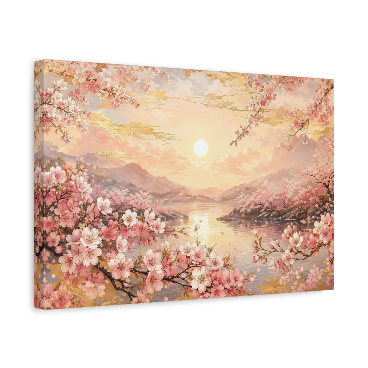 Side Mockup 4. Nature Cherry Blossoms Pink Golden Sunset shown as stretched canvas wall art