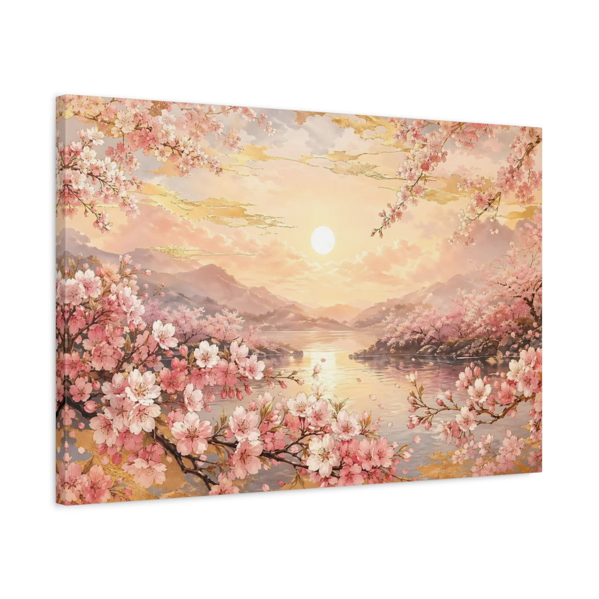Side Mockup 2. Nature Cherry Blossoms Pink Golden Sunset shown as stretched canvas wall art