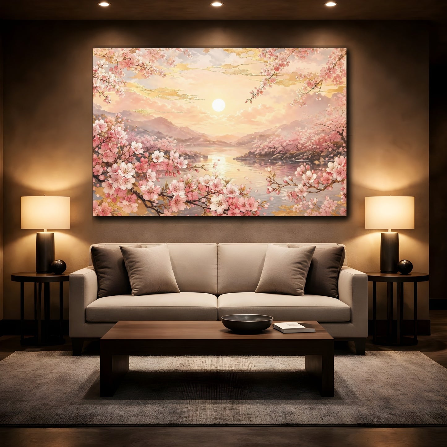 Mockup 2. Nature Cherry Blossoms Pink Golden Sunset shown as stretched canvas wall art