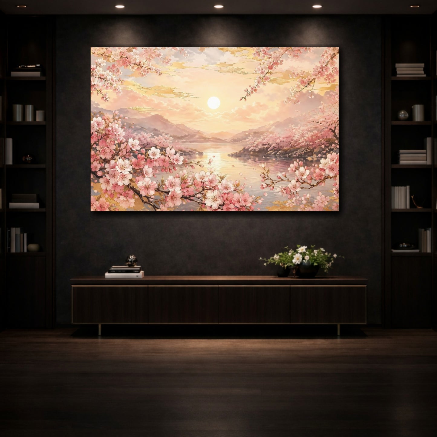 Mockup 3. Nature Cherry Blossoms Pink Golden Sunset shown as stretched canvas wall art