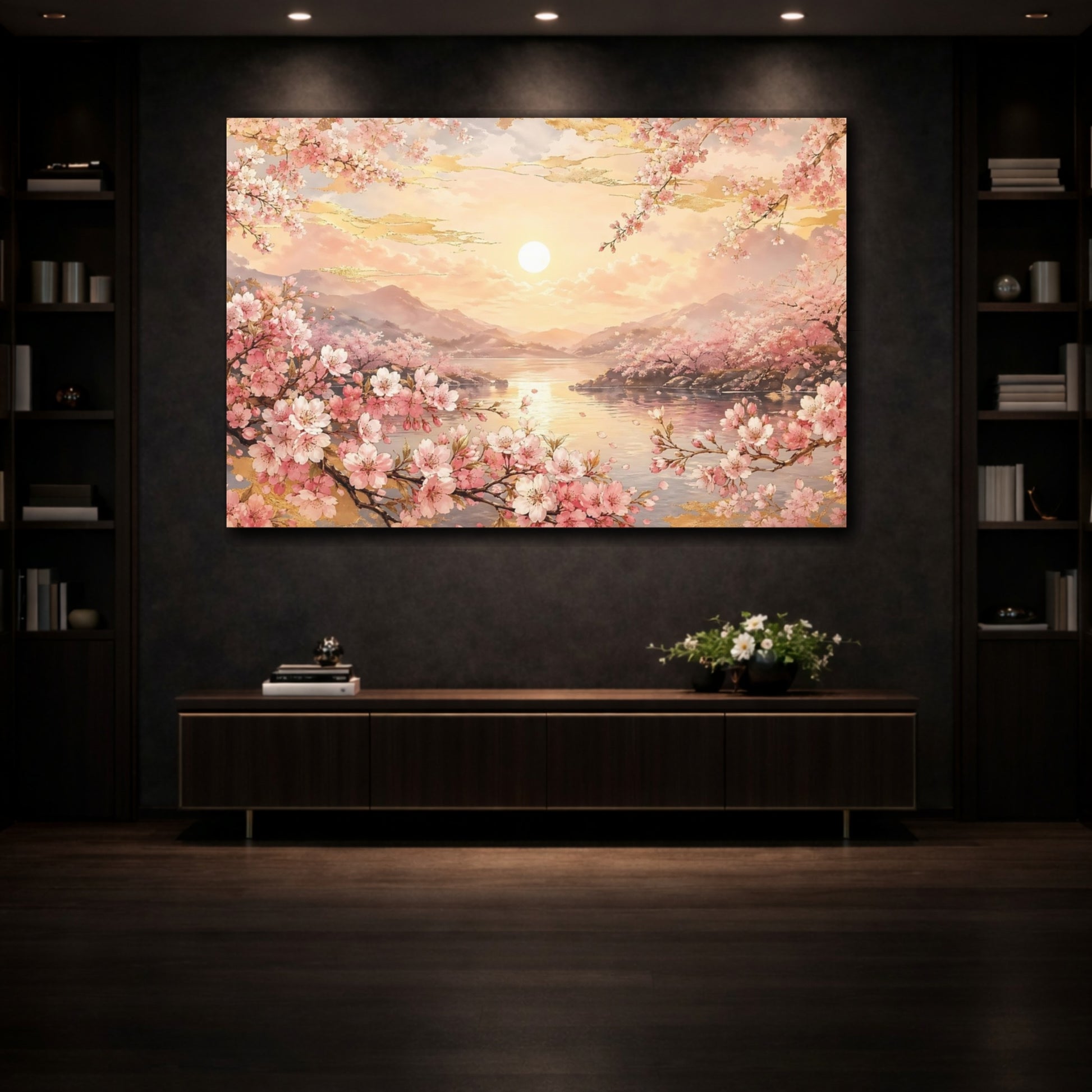 Mockup 3. Nature Cherry Blossoms Pink Golden Sunset shown as stretched canvas wall art