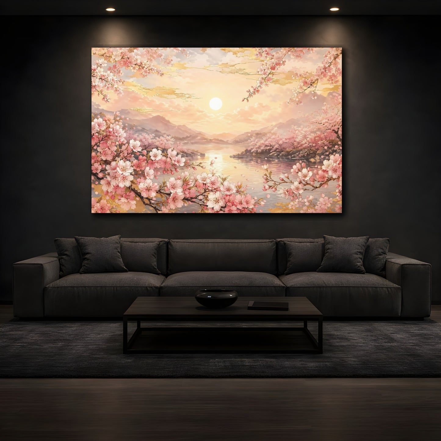 Mockup 4. Nature Cherry Blossoms Pink Golden Sunset shown as stretched canvas wall art