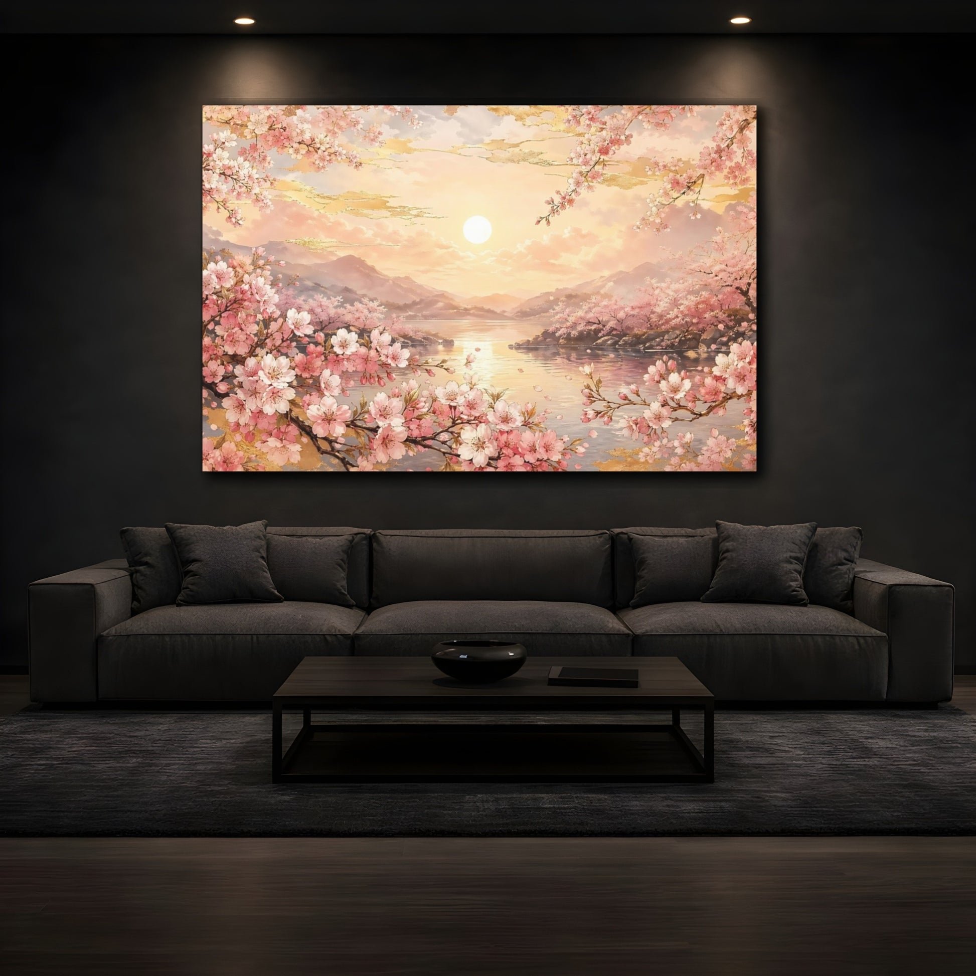 Mockup 4. Nature Cherry Blossoms Pink Golden Sunset shown as stretched canvas wall art