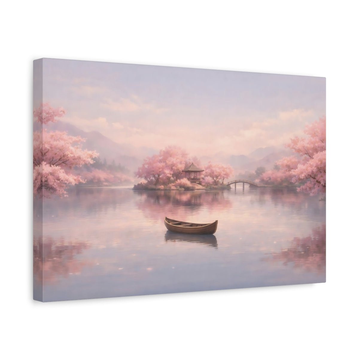 Nature Cherry Blossoms Pink Lake Scene - Canvas Wall Art Print - YesArtYes
