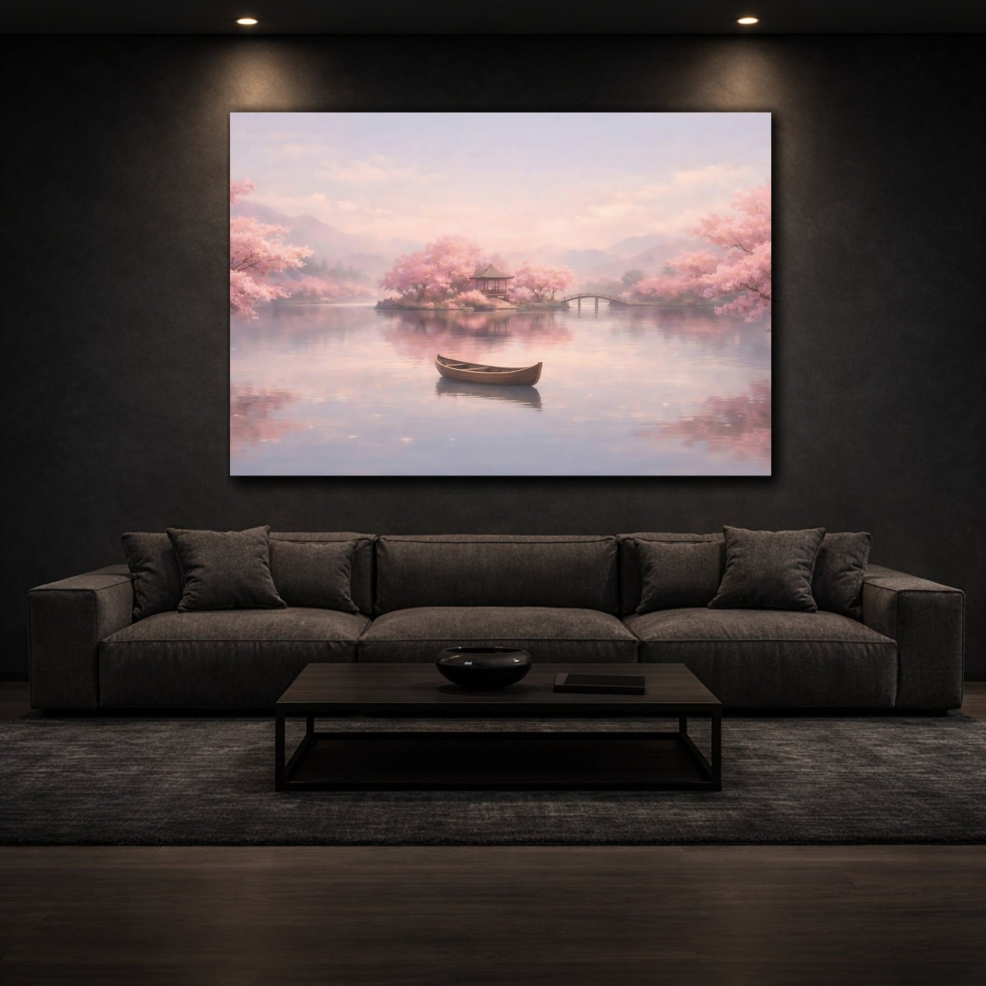 Nature Cherry Blossoms Pink Lake Scene - Canvas Wall Art Print - YesArtYes