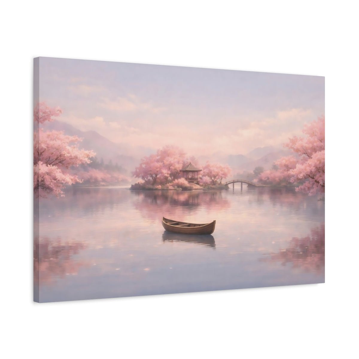 Nature Cherry Blossoms Pink Lake Scene - Canvas Wall Art Print - YesArtYes
