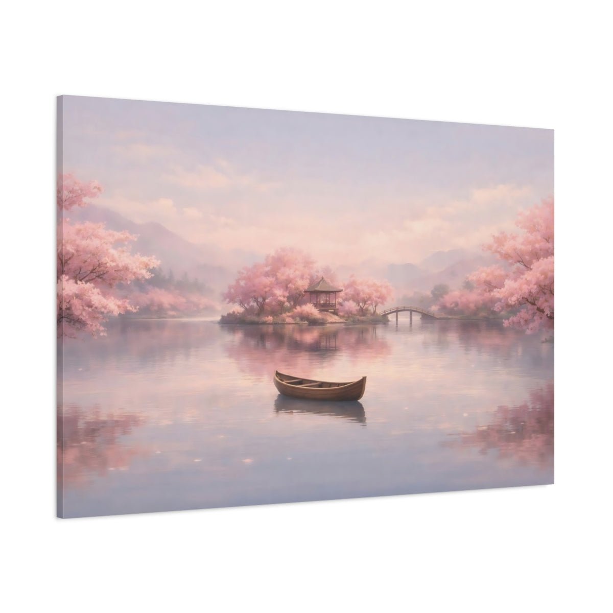 Nature Cherry Blossoms Pink Lake Scene - Canvas Wall Art Print - YesArtYes
