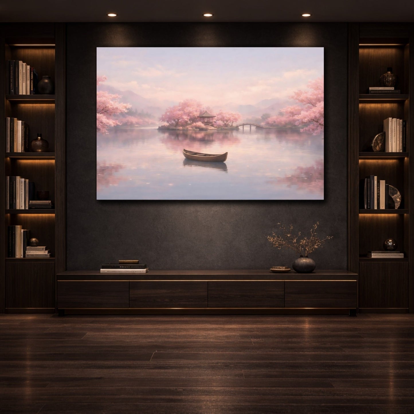 Nature Cherry Blossoms Pink Lake Scene - Canvas Wall Art Print - YesArtYes