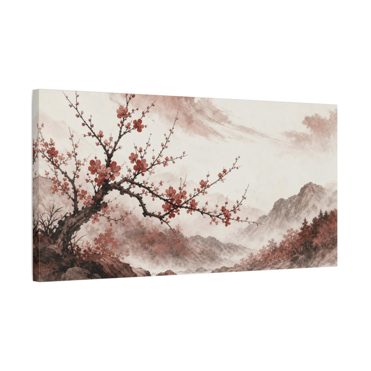 Side Mockup 1. Nature Cherry branch cherry blossoms shown as canvas print