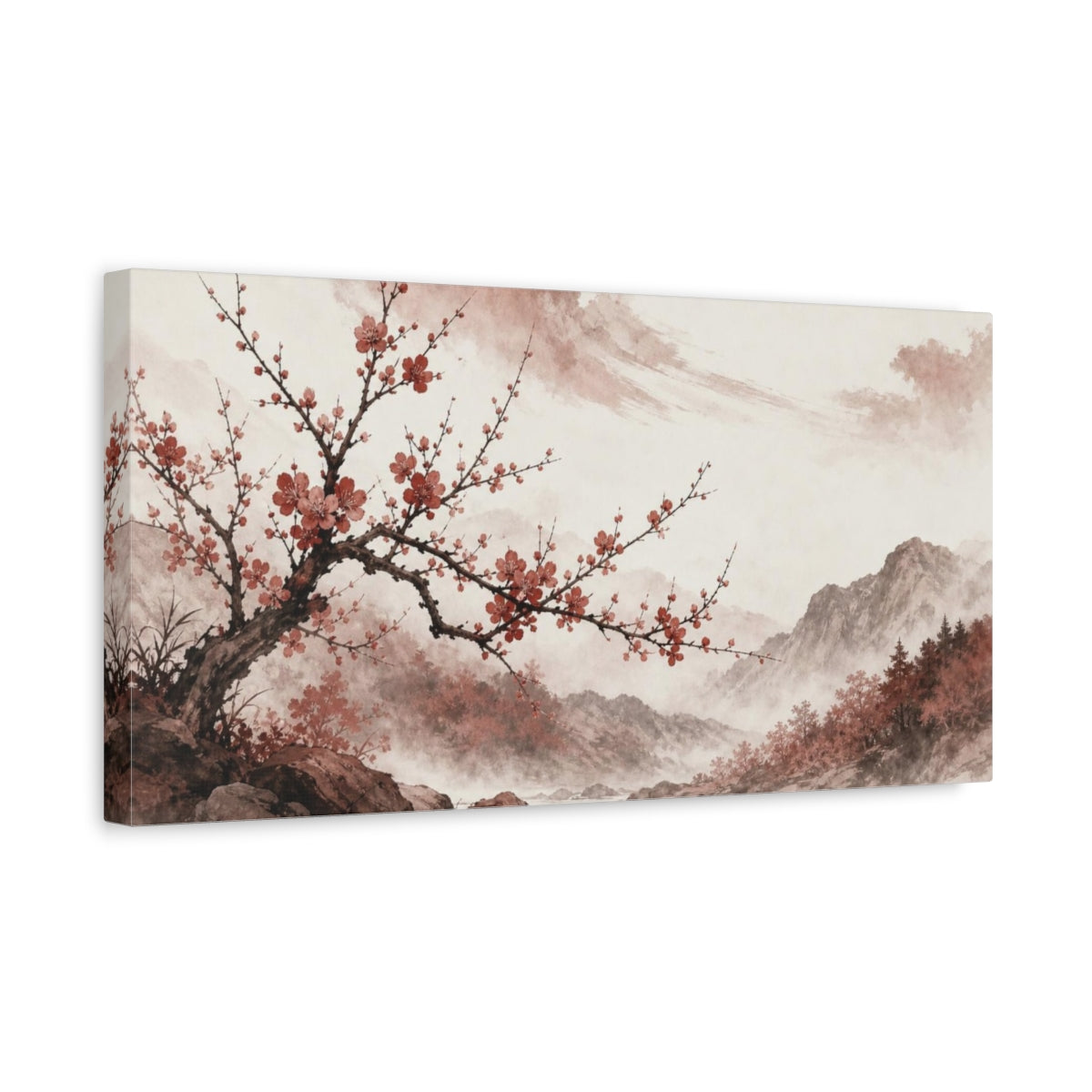 Side Mockup 3. Nature Cherry branch cherry blossoms shown as canvas print