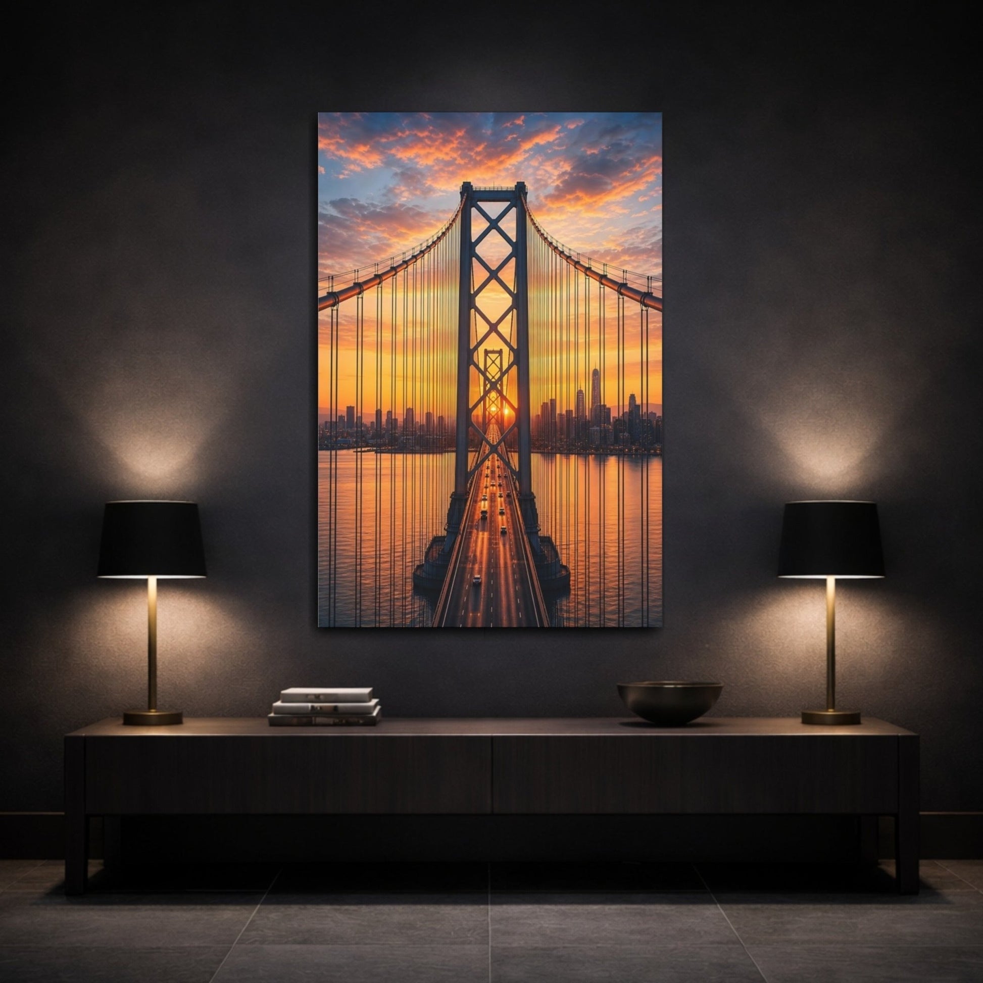 Nature City Bridge Vibrant Orange Canvas Wall Art Print – Modern Living Room, Above Sofa - YesArtYes