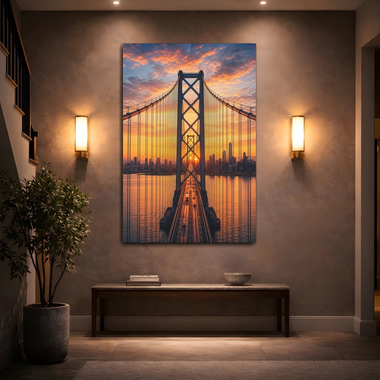 Nature City Bridge Vibrant Orange Canvas Wall Art Print – Modern Living Room, Above Sofa - YesArtYes