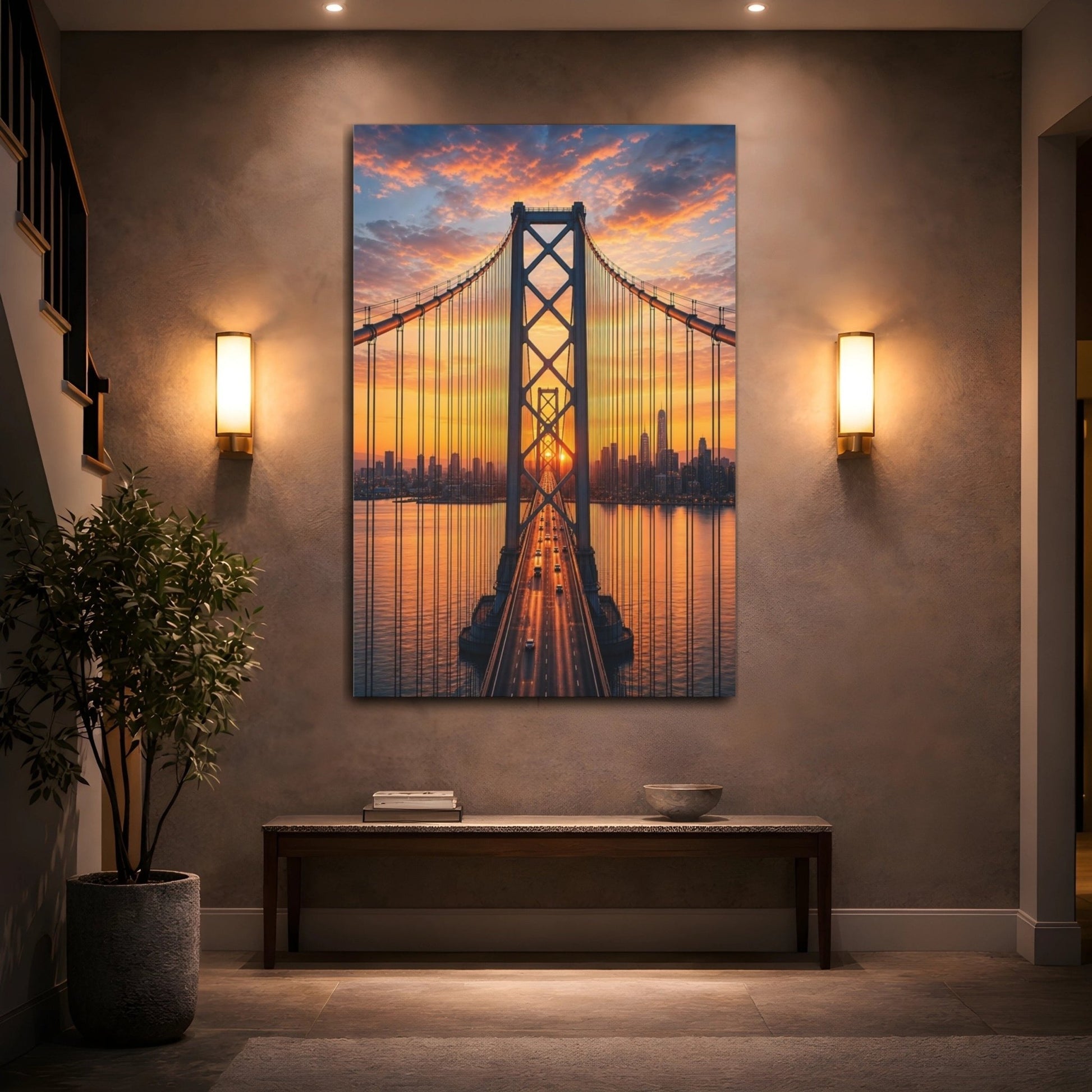 Nature City Bridge Vibrant Orange Canvas Wall Art Print – Modern Living Room, Above Sofa - YesArtYes