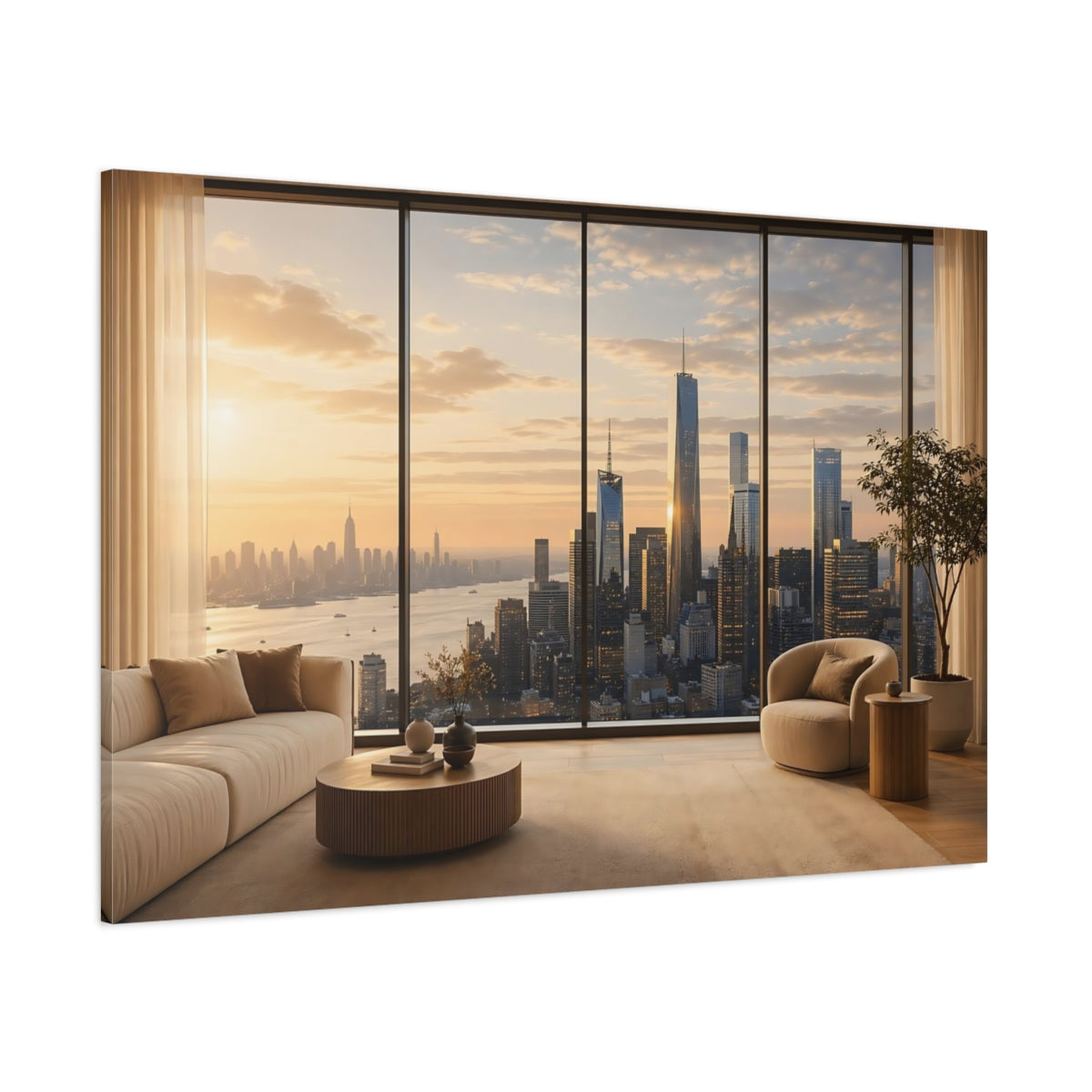 Side Mockup 1. Nature City Skyline Golden Cityscape shown as stretched canvas wall art