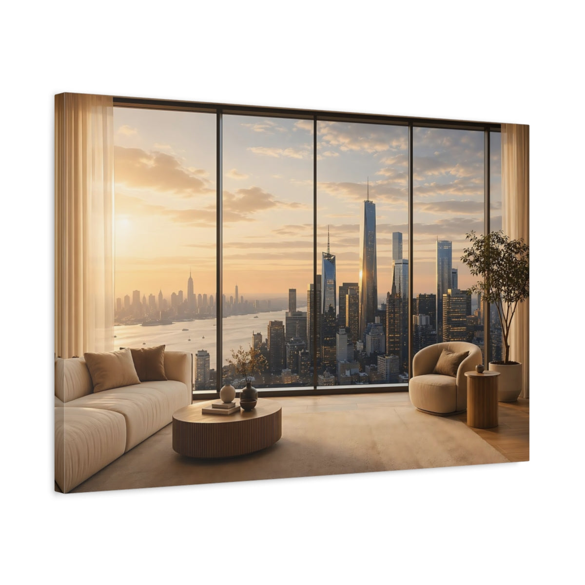 Side Mockup 2. Nature City Skyline Golden Cityscape shown as stretched canvas wall art