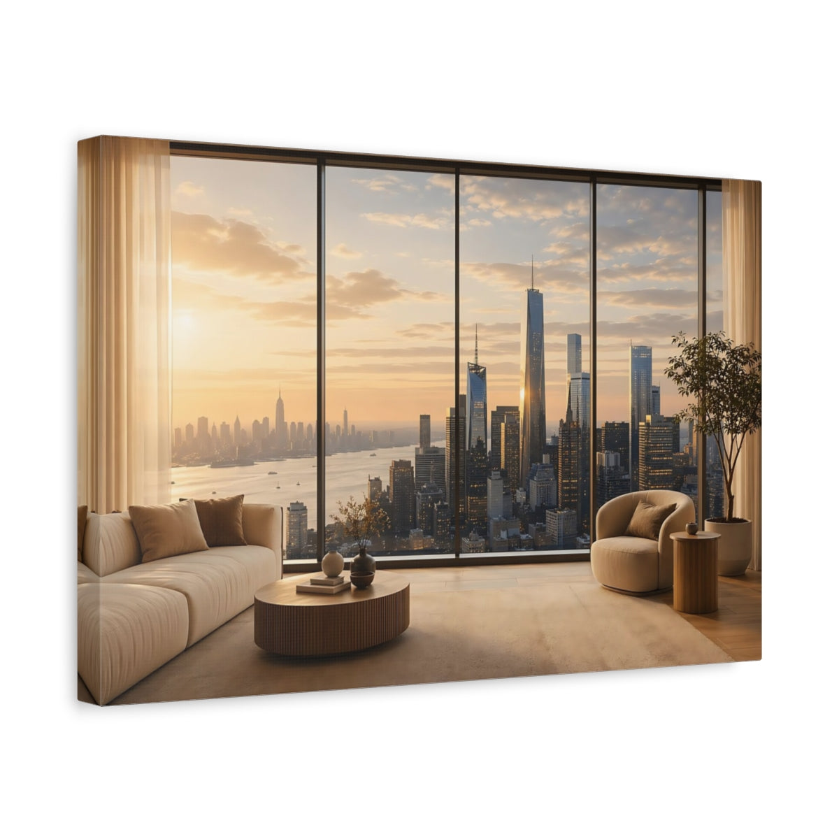 Side Mockup 4. Nature City Skyline Golden Cityscape shown as stretched canvas wall art