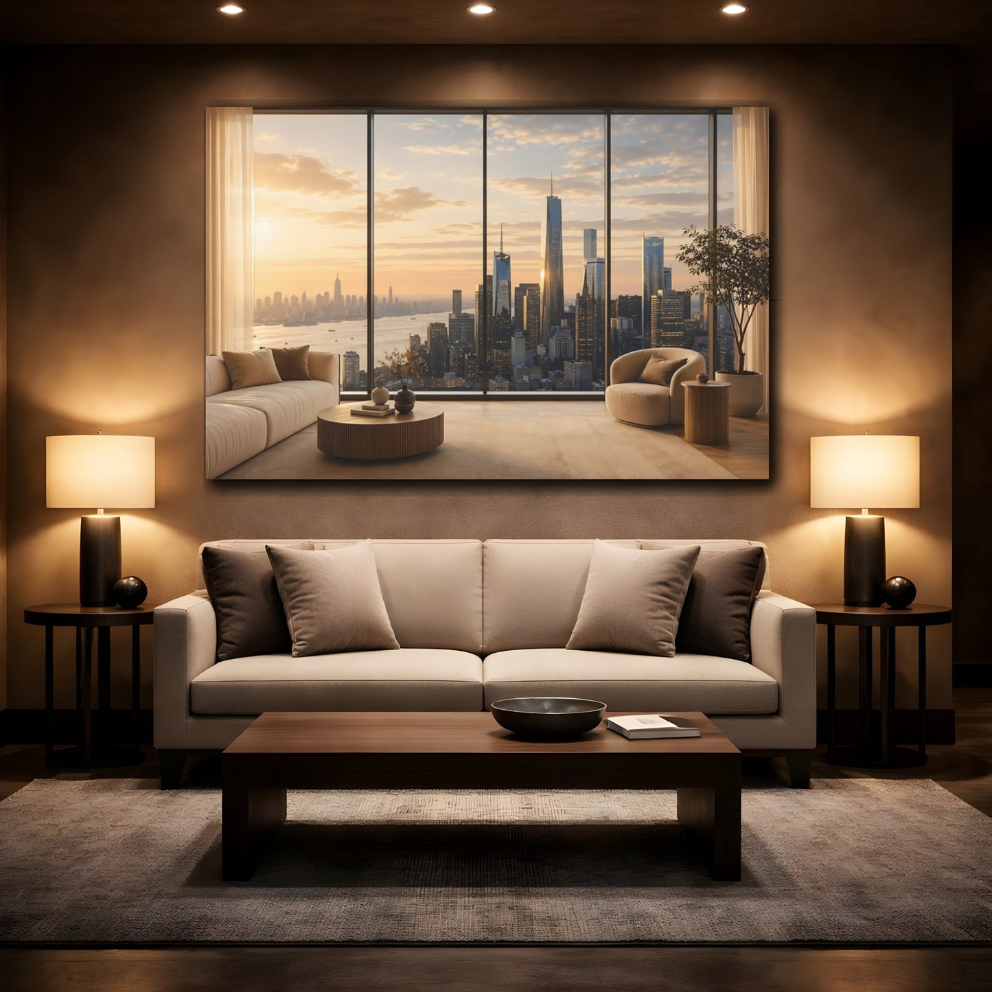 Mockup 2. Nature City Skyline Golden Cityscape shown as stretched canvas wall art