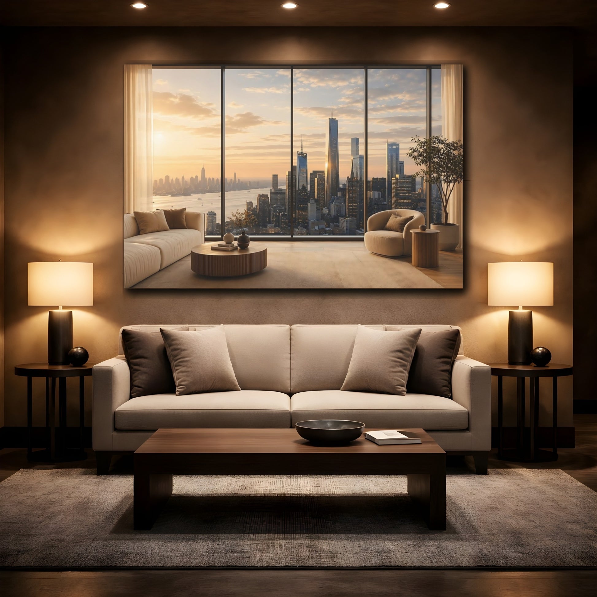 Mockup 2. Nature City Skyline Golden Cityscape shown as stretched canvas wall art