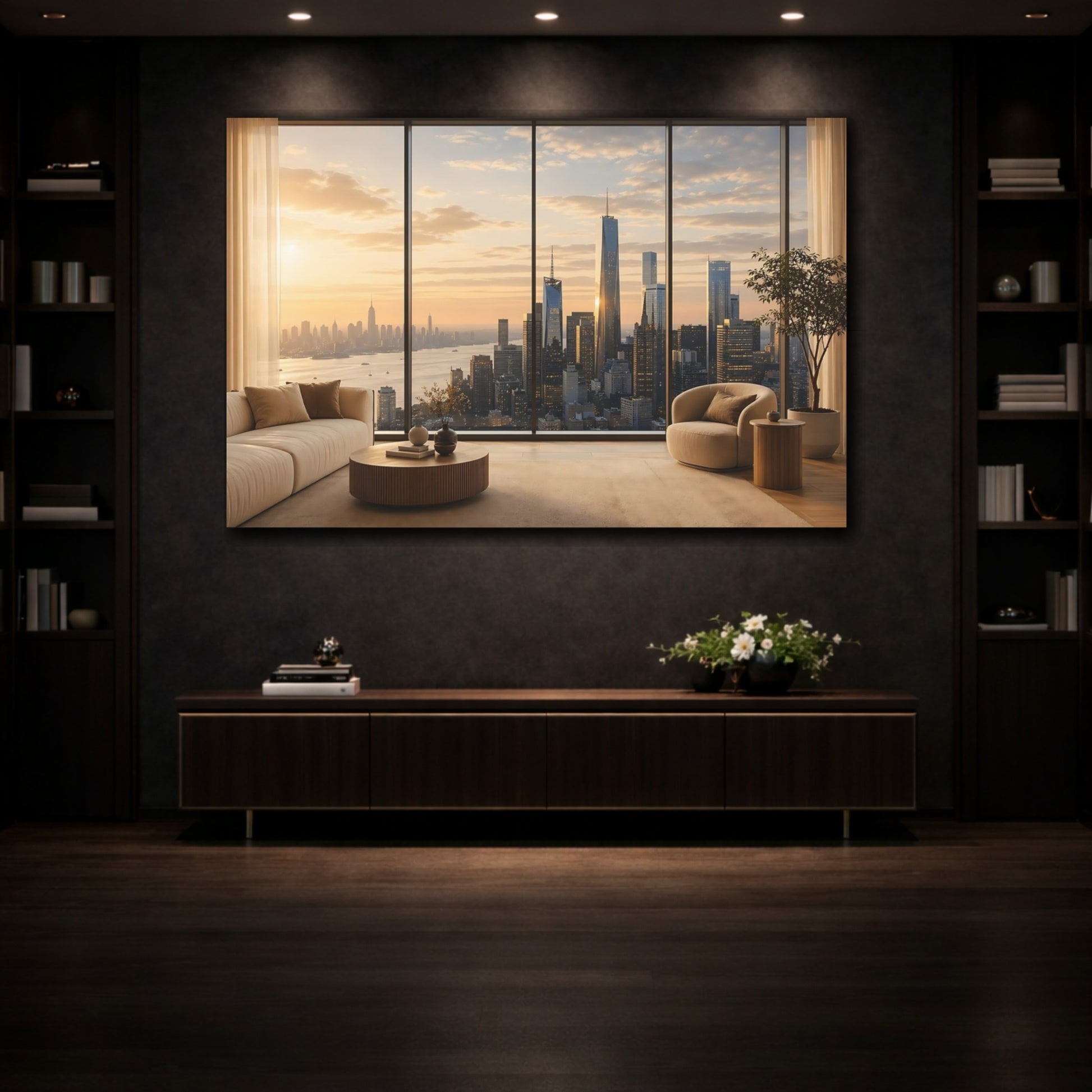 Mockup 3. Nature City Skyline Golden Cityscape shown as stretched canvas wall art