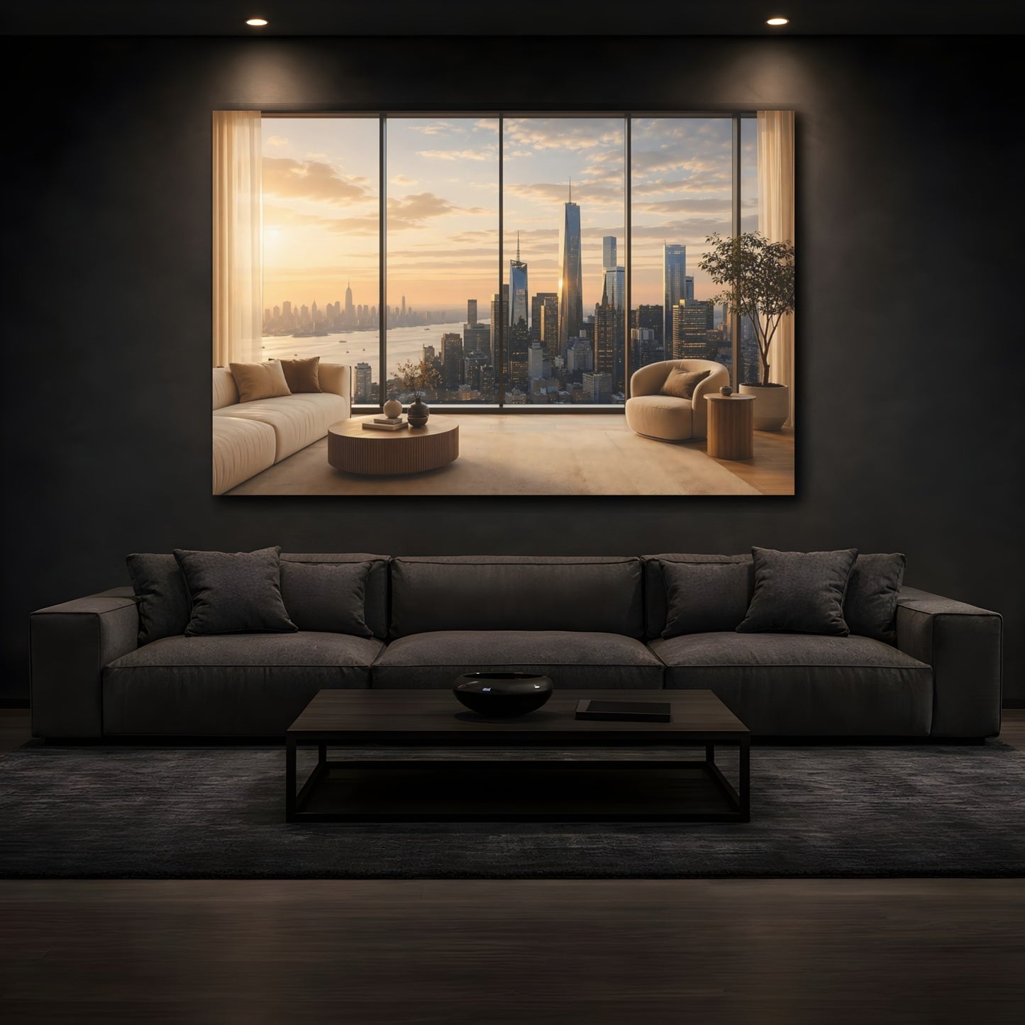 Mockup 4. Nature City Skyline Golden Cityscape shown as stretched canvas wall art
