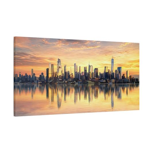 Main Mockup. Nature City Skyline Golden Sunset shown as stretched canvas wall art