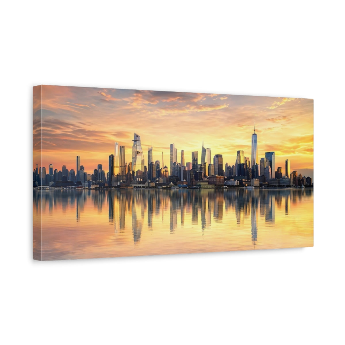 Side Mockup 3. Nature City Skyline Golden Sunset shown as stretched canvas wall art