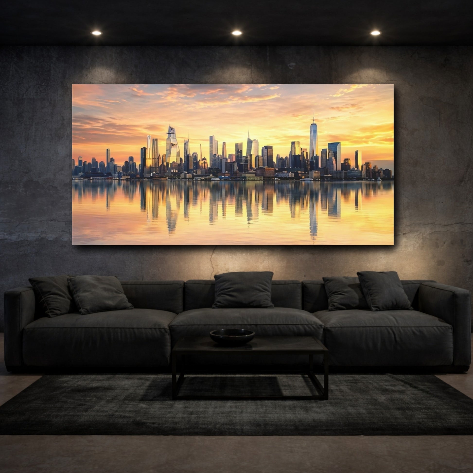 Mockup 2. Nature City Skyline Golden Sunset shown as stretched canvas wall art