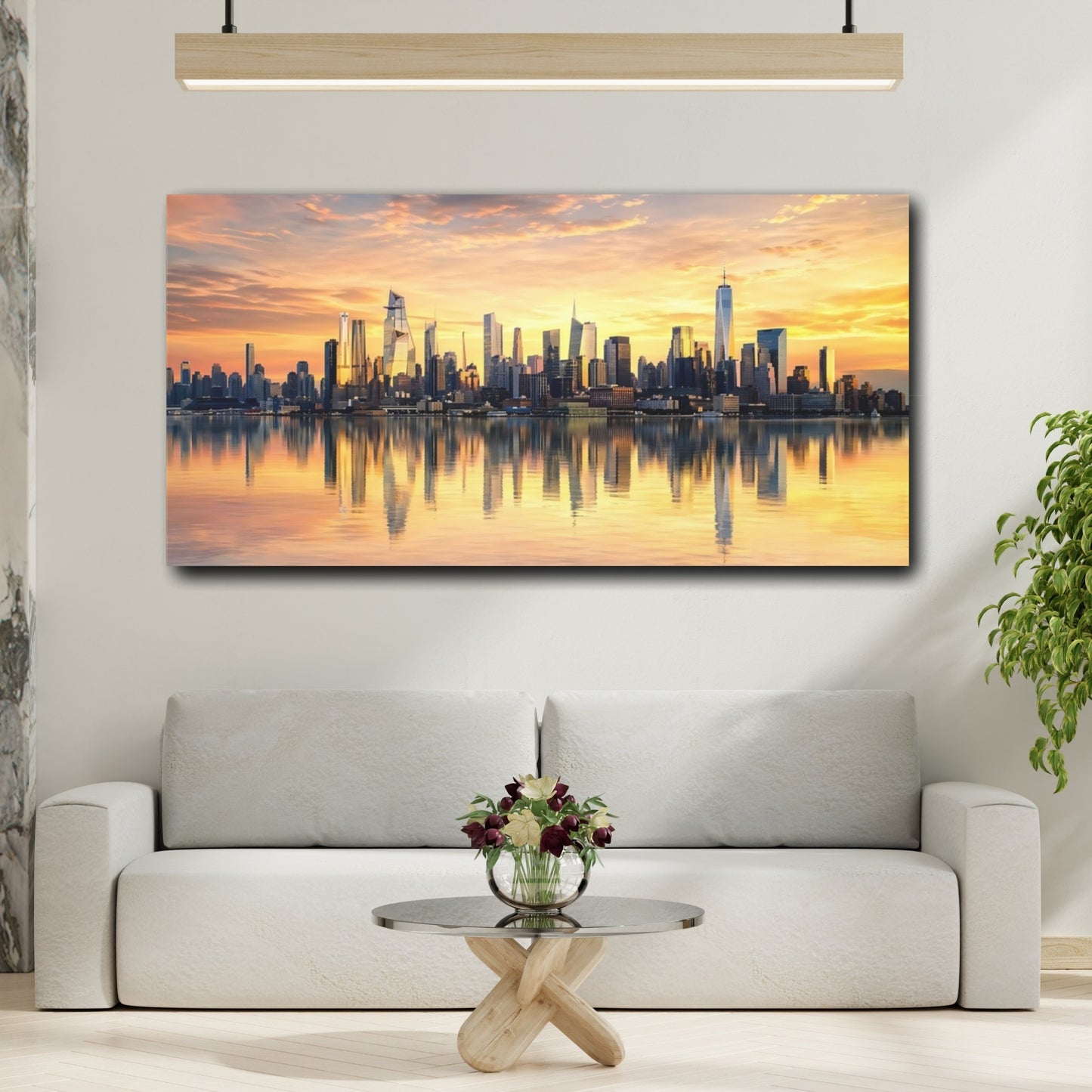 Mockup 3. Nature City Skyline Golden Sunset shown as stretched canvas wall art