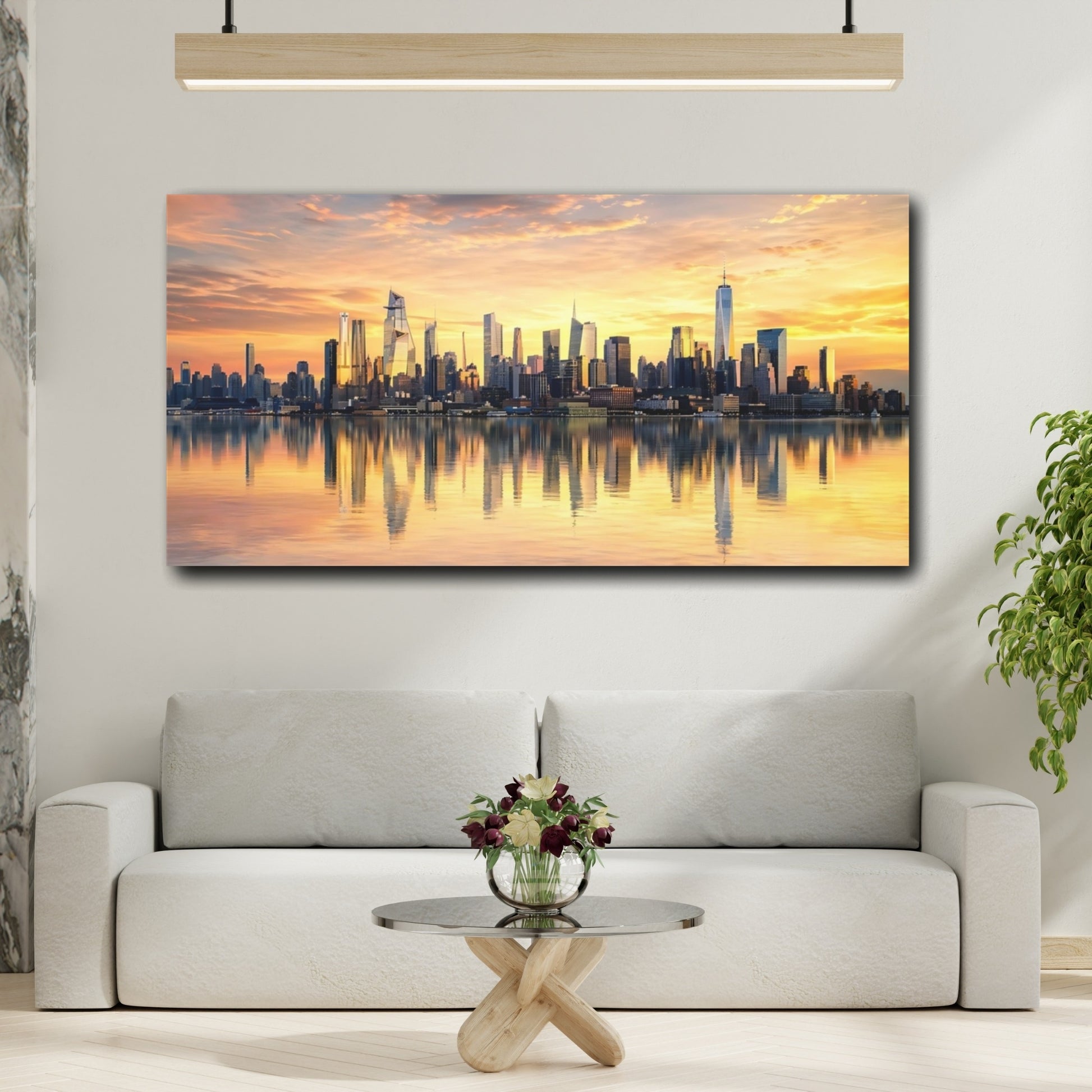 Mockup 3. Nature City Skyline Golden Sunset shown as stretched canvas wall art