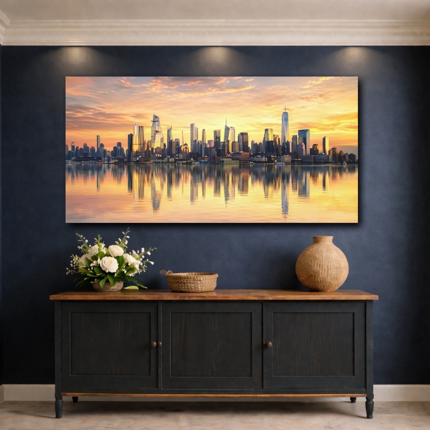 Mockup 4. Nature City Skyline Golden Sunset shown as stretched canvas wall art
