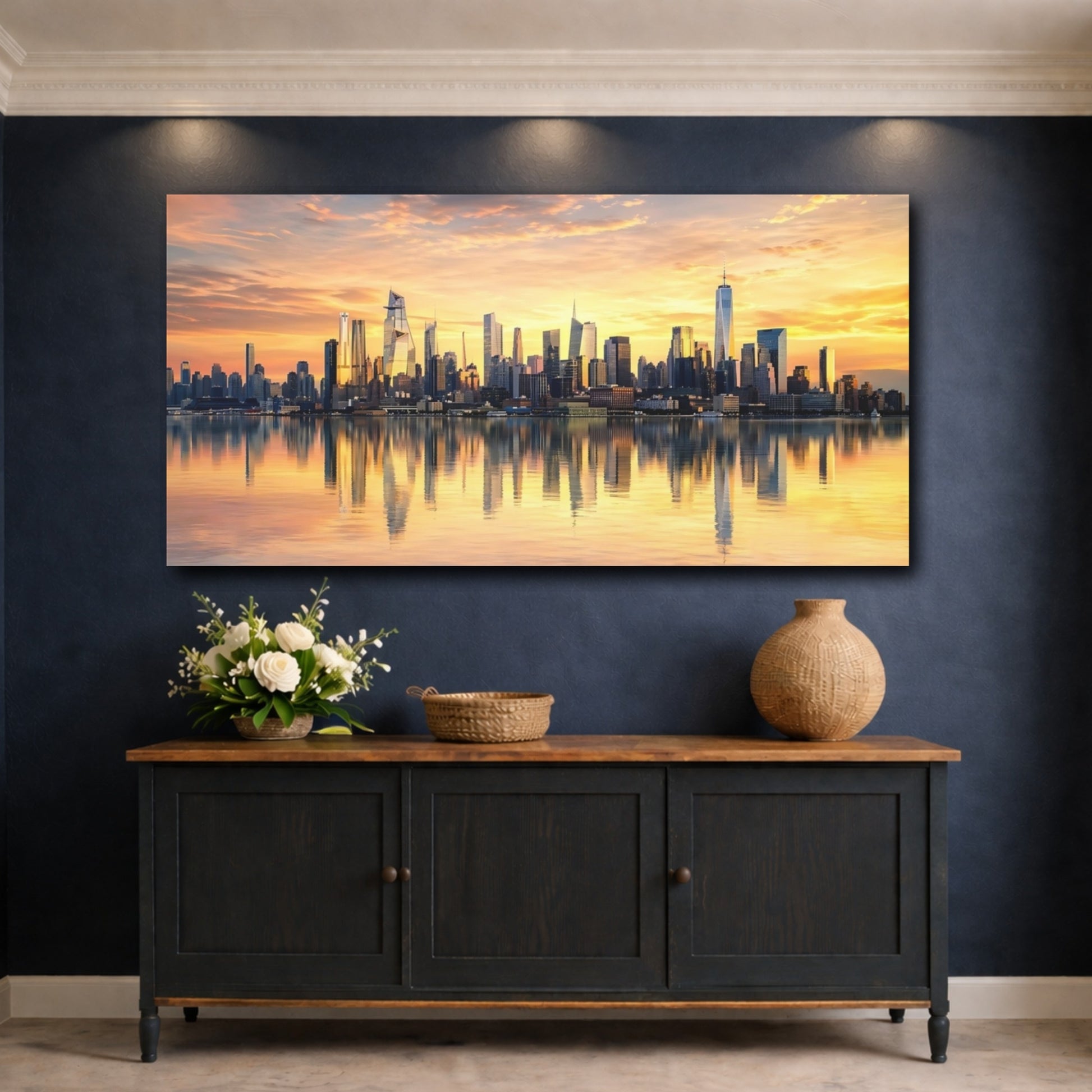 Mockup 4. Nature City Skyline Golden Sunset shown as stretched canvas wall art