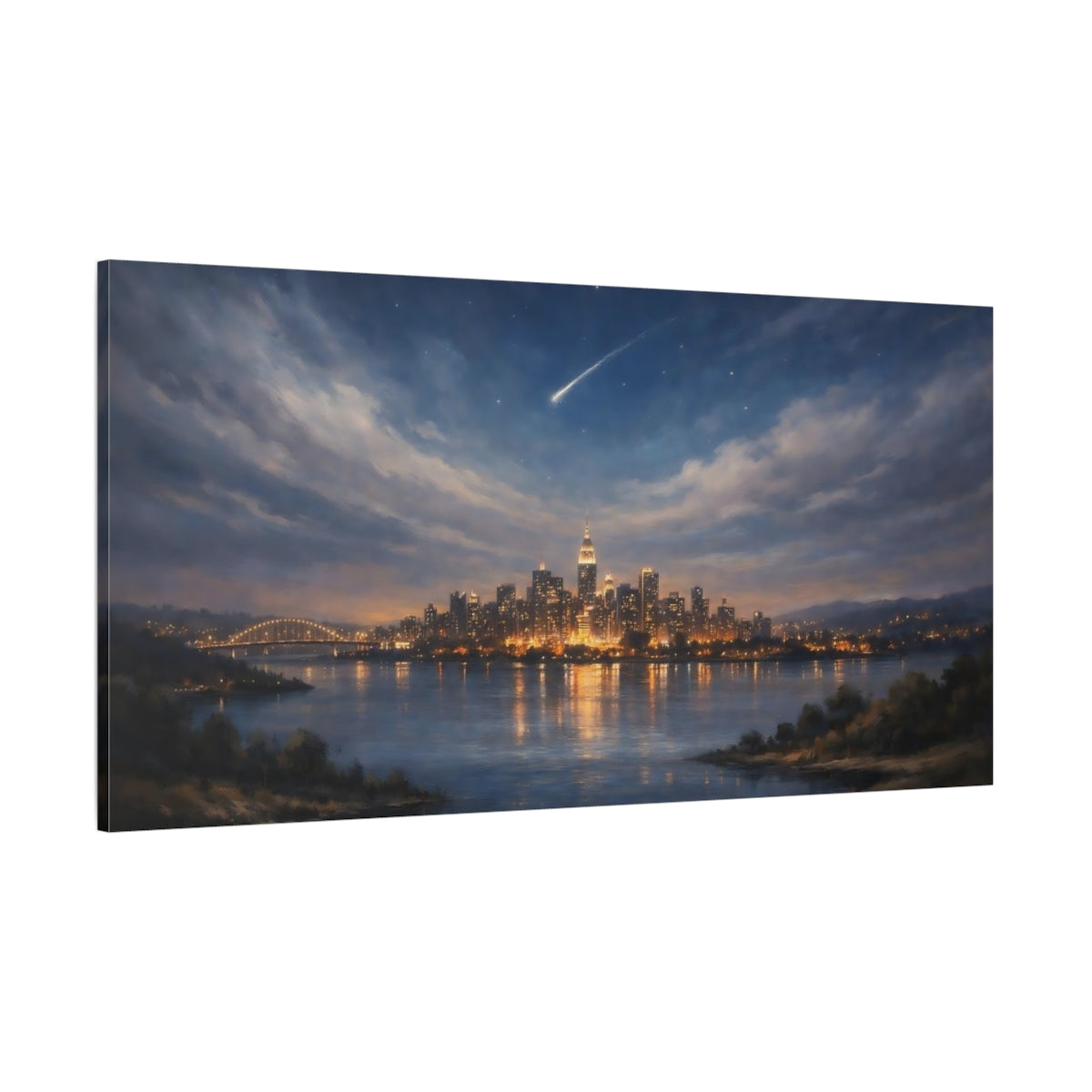 Main Mockup. Nature City Skyline Night Cityscape shown as stretched canvas wall art