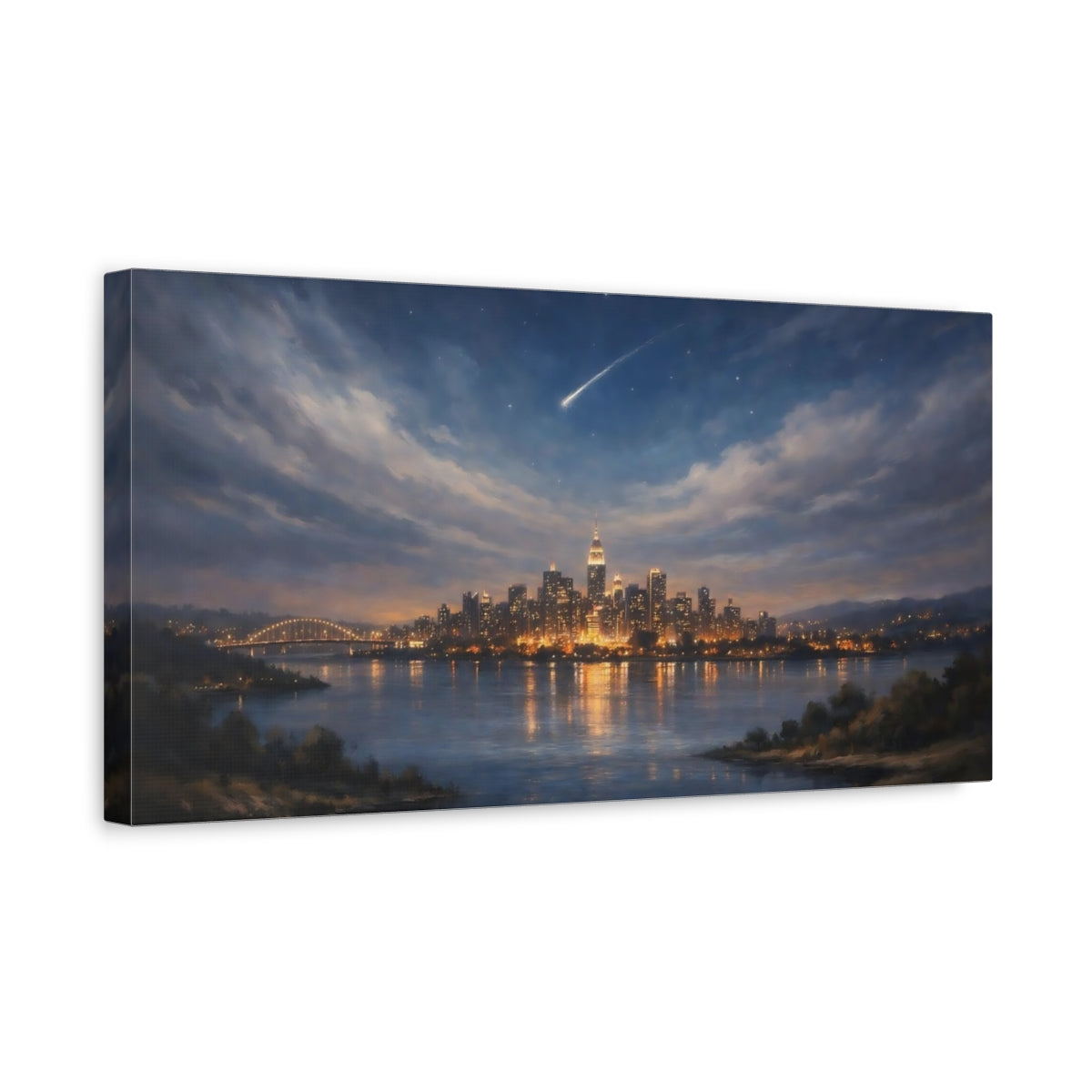 Side Mockup 3. Nature City Skyline Night Cityscape shown as stretched canvas wall art