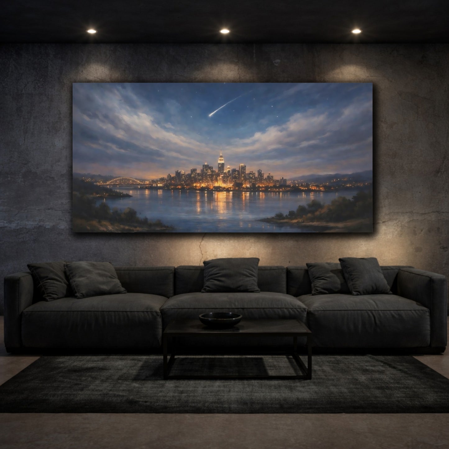 Mockup 2. Nature City Skyline Night Cityscape shown as stretched canvas wall art