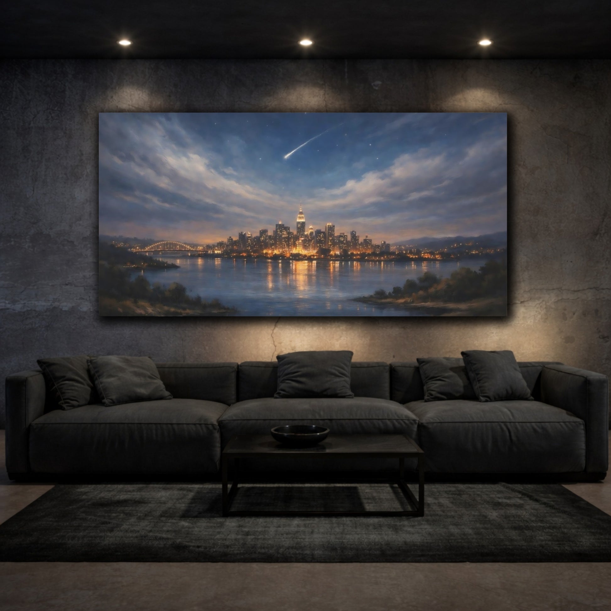 Mockup 2. Nature City Skyline Night Cityscape shown as stretched canvas wall art