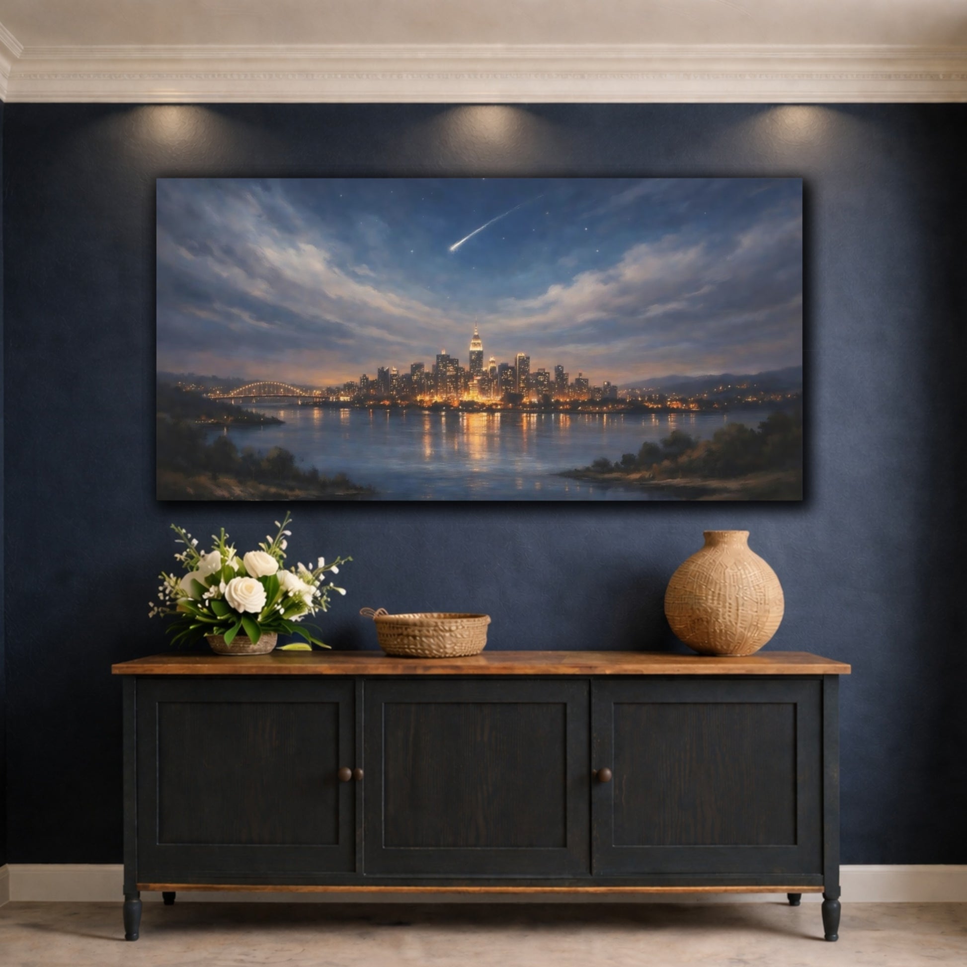Mockup 4. Nature City Skyline Night Cityscape shown as stretched canvas wall art
