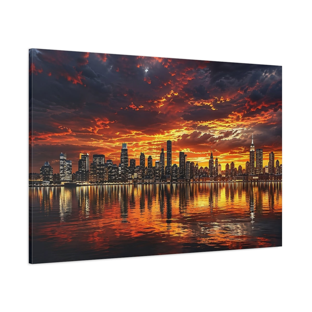 Side Mockup 1. Nature City Skyline Orange And Black shown as stretched canvas wall art