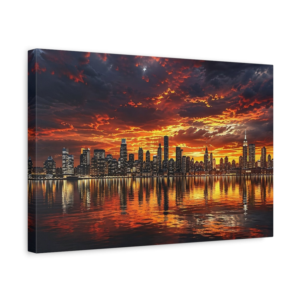 Side Mockup 4. Nature City Skyline Orange And Black shown as stretched canvas wall art