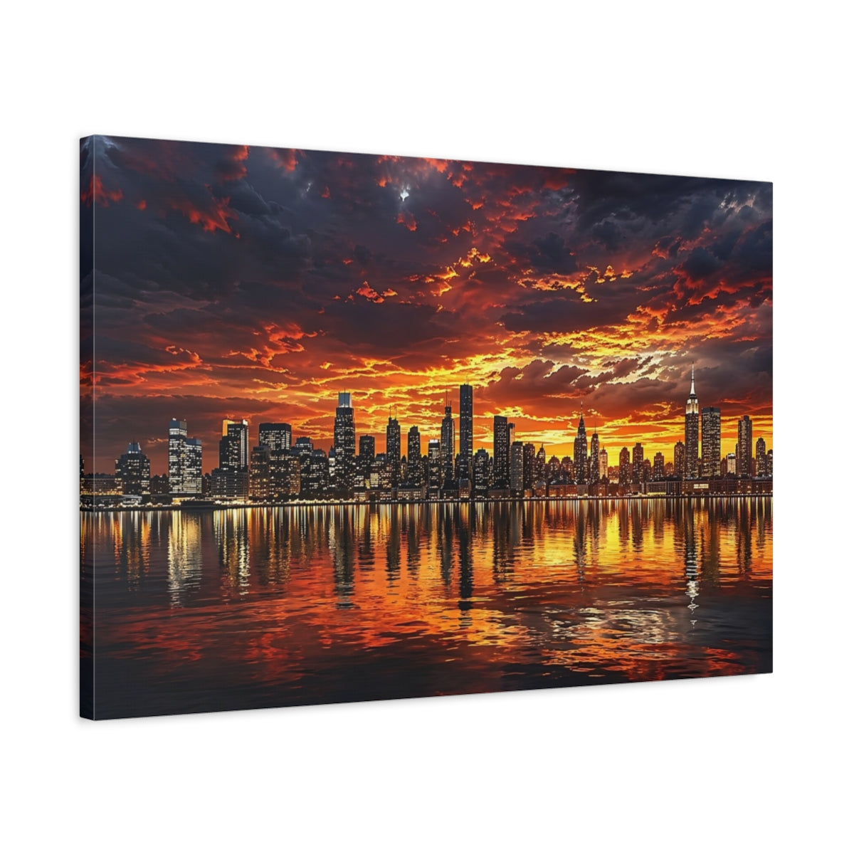 Side Mockup 2. Nature City Skyline Orange And Black shown as stretched canvas wall art