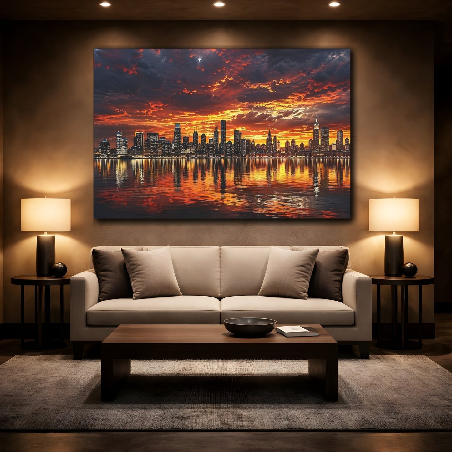 Mockup 2. Nature City Skyline Orange And Black shown as stretched canvas wall art