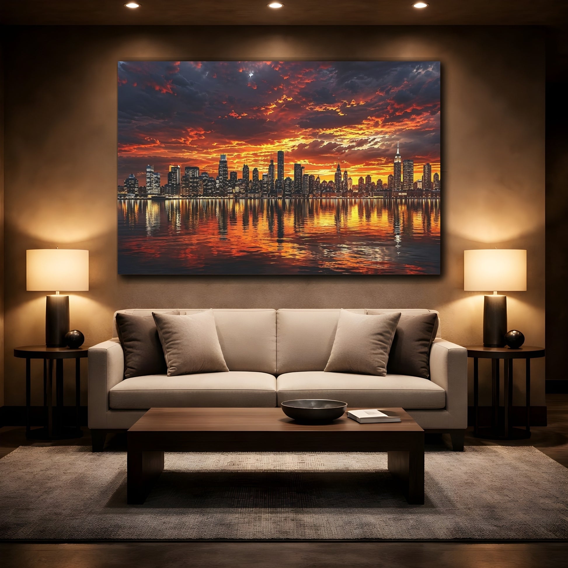 Mockup 2. Nature City Skyline Orange And Black shown as stretched canvas wall art