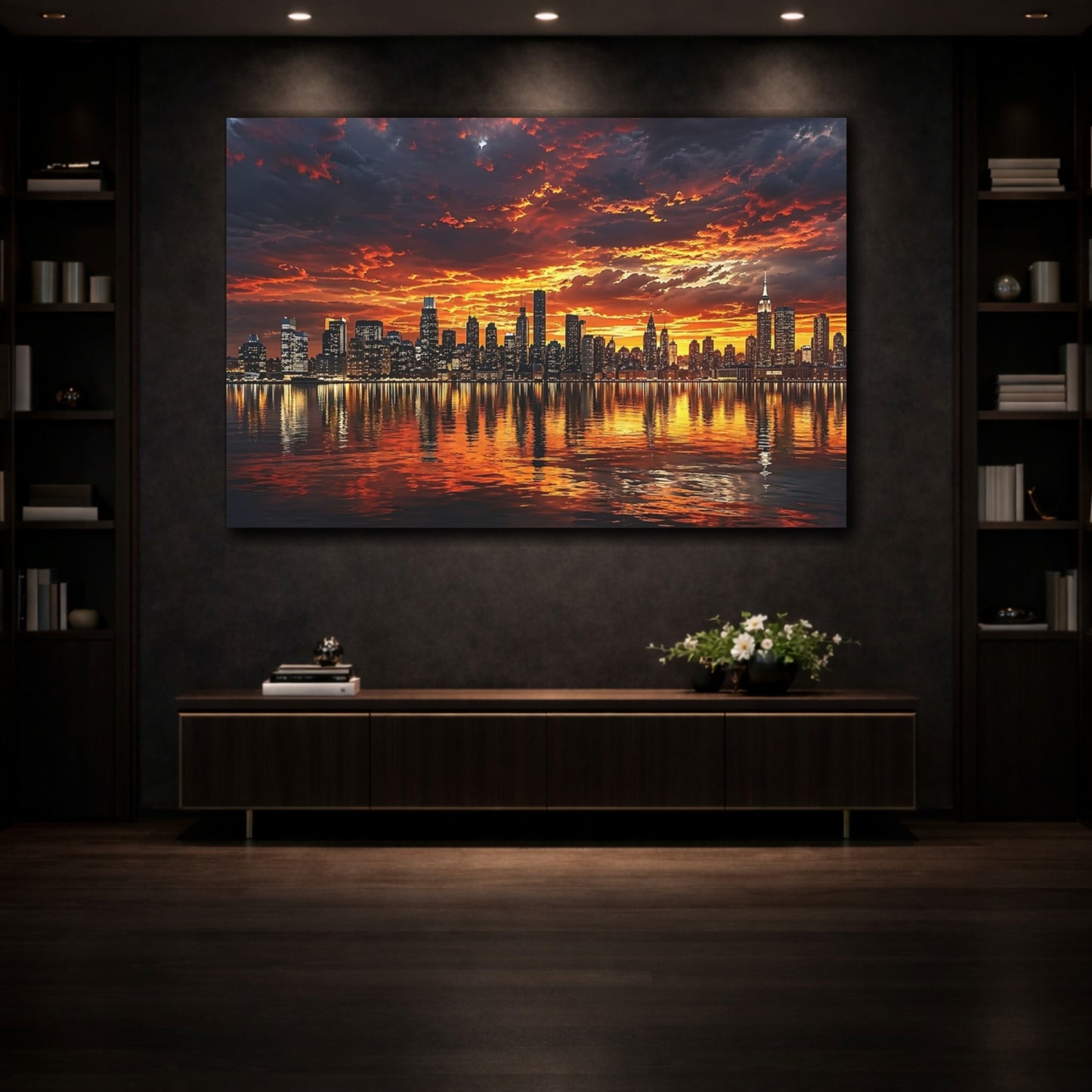 Mockup 3. Nature City Skyline Orange And Black shown as stretched canvas wall art