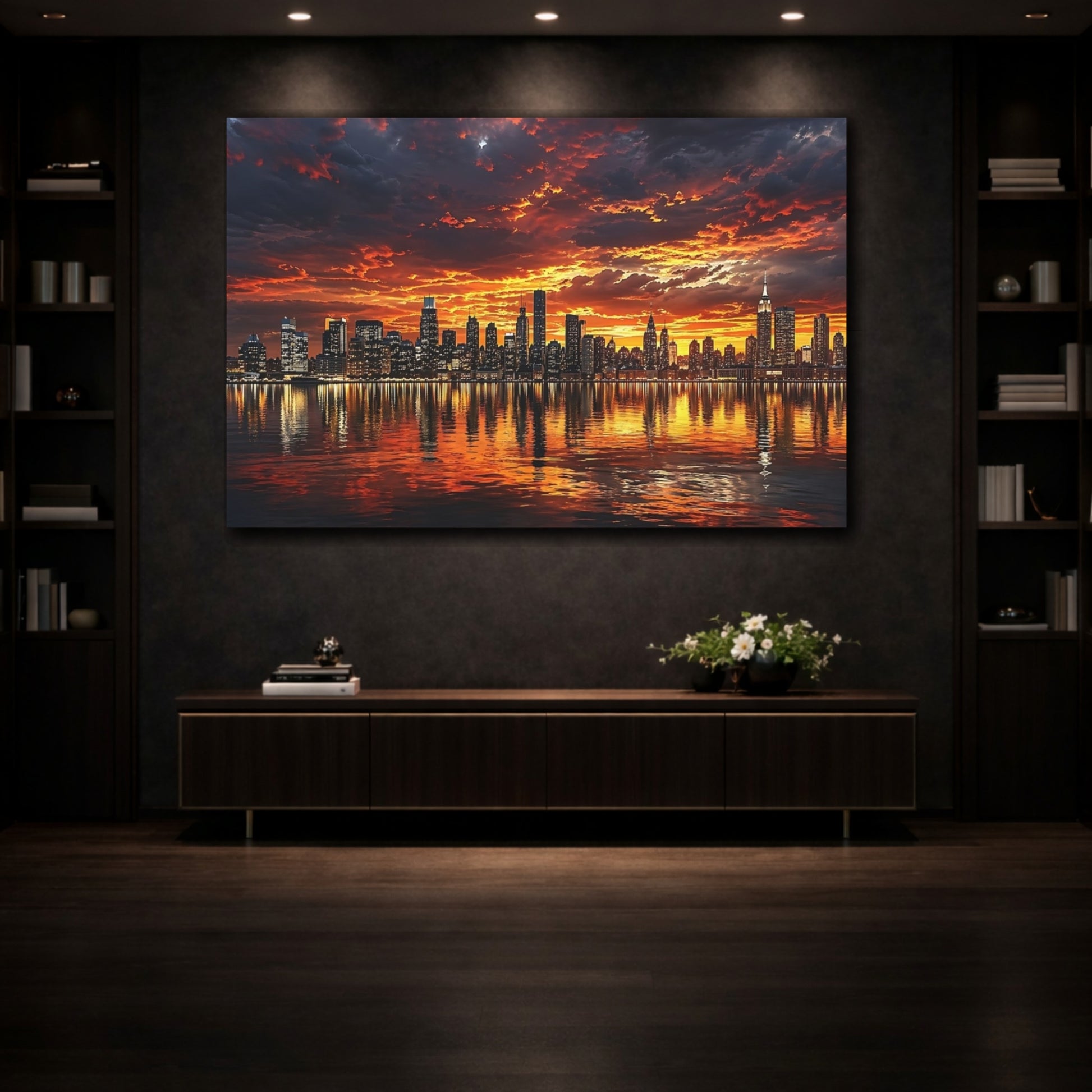 Mockup 3. Nature City Skyline Orange And Black shown as stretched canvas wall art