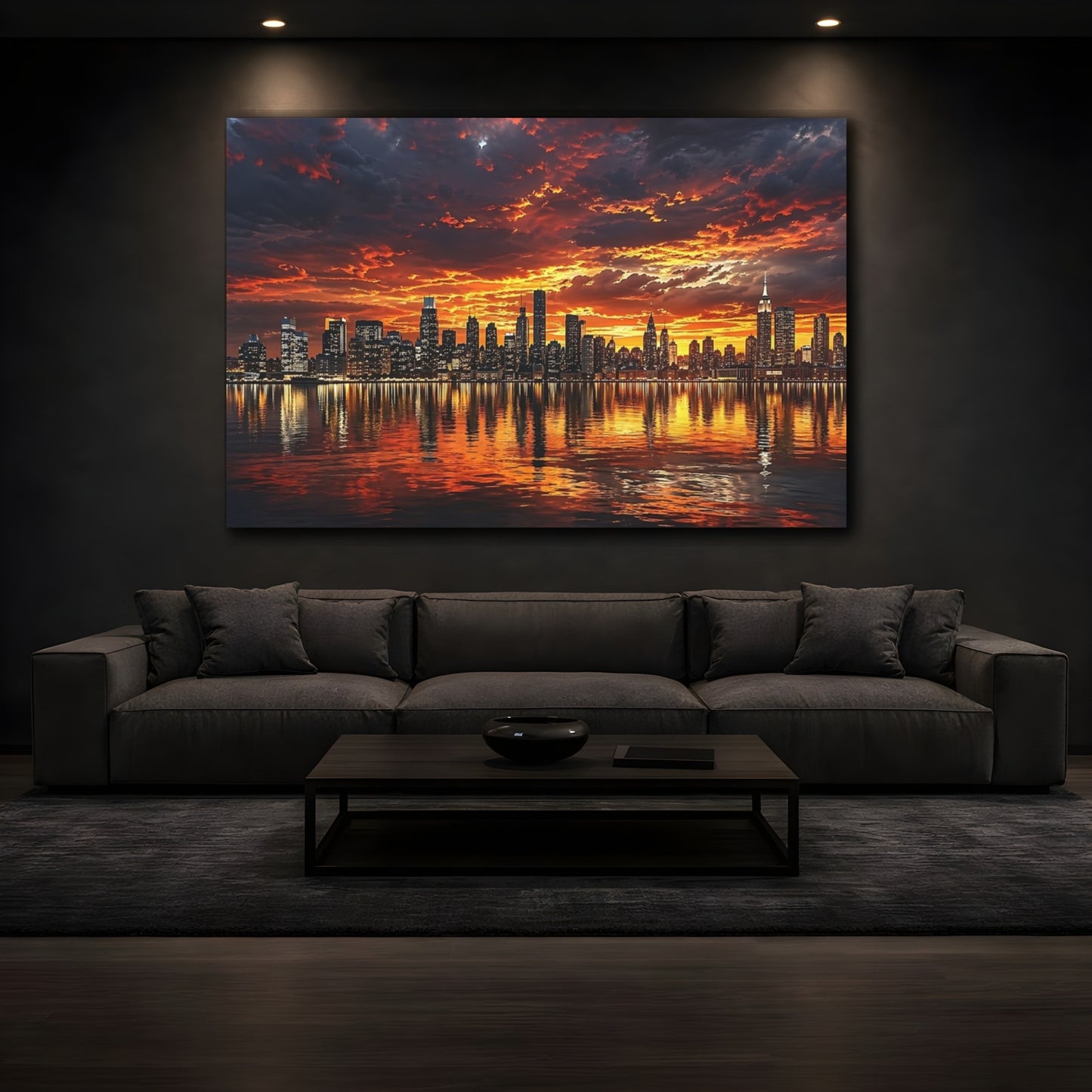 Mockup 4. Nature City Skyline Orange And Black shown as stretched canvas wall art