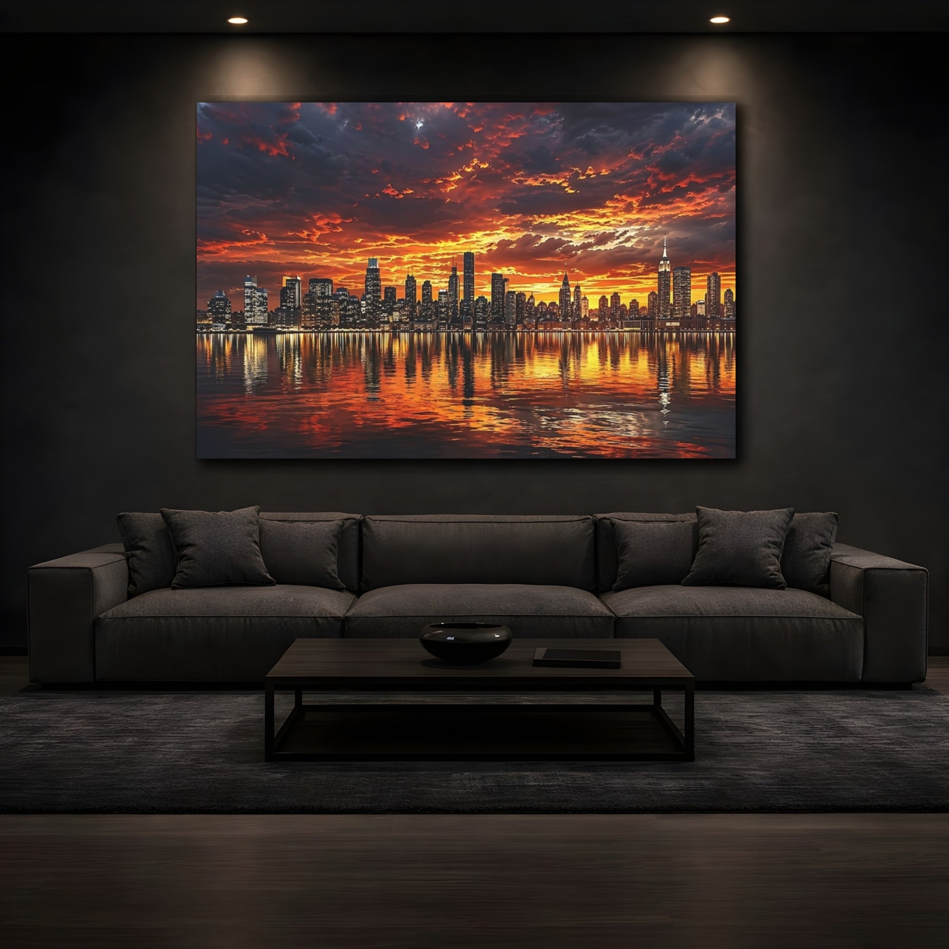 Mockup 4. Nature City Skyline Orange And Black shown as stretched canvas wall art