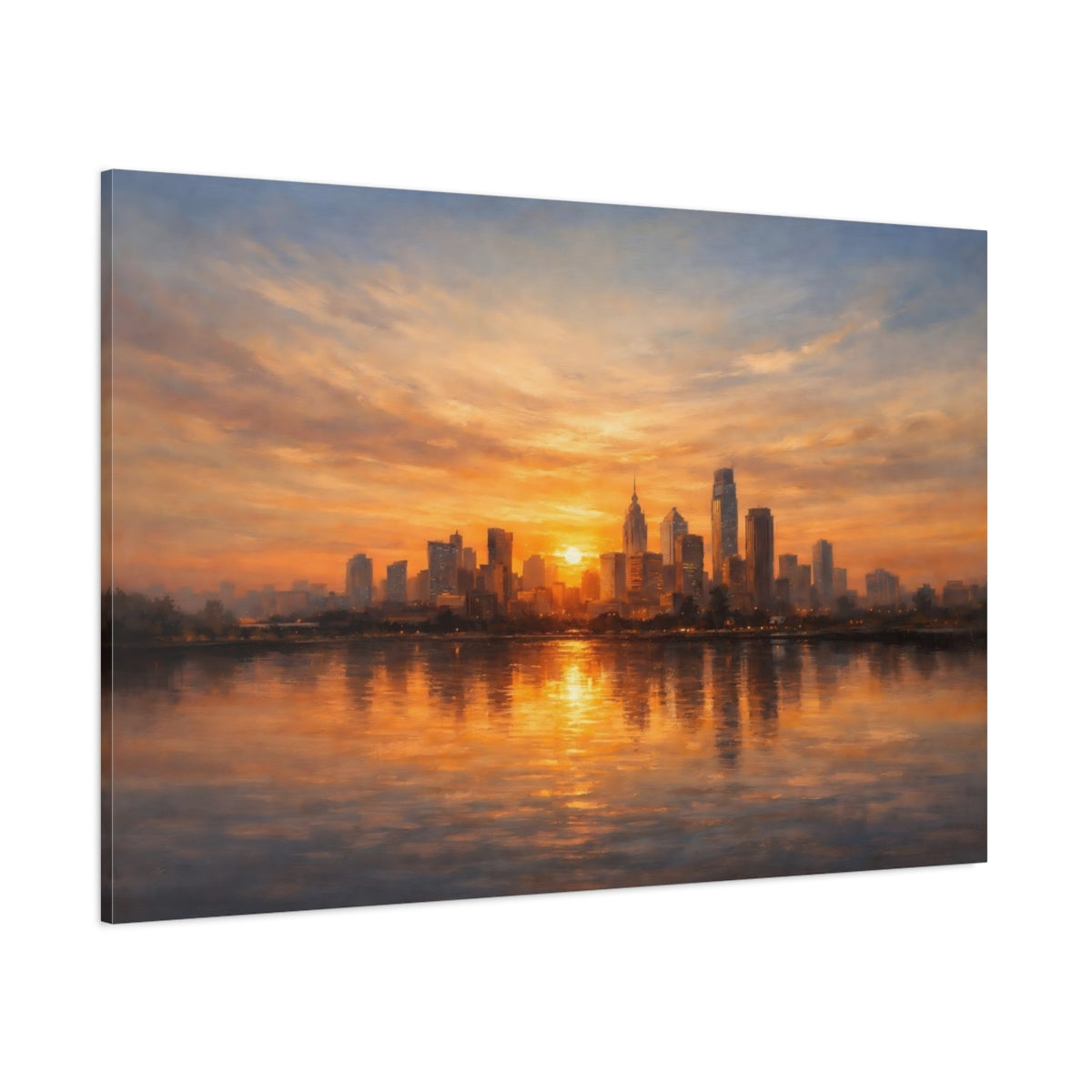 Main Mockup. Nature City Skyline Orange Cityscape shown as stretched canvas wall art
