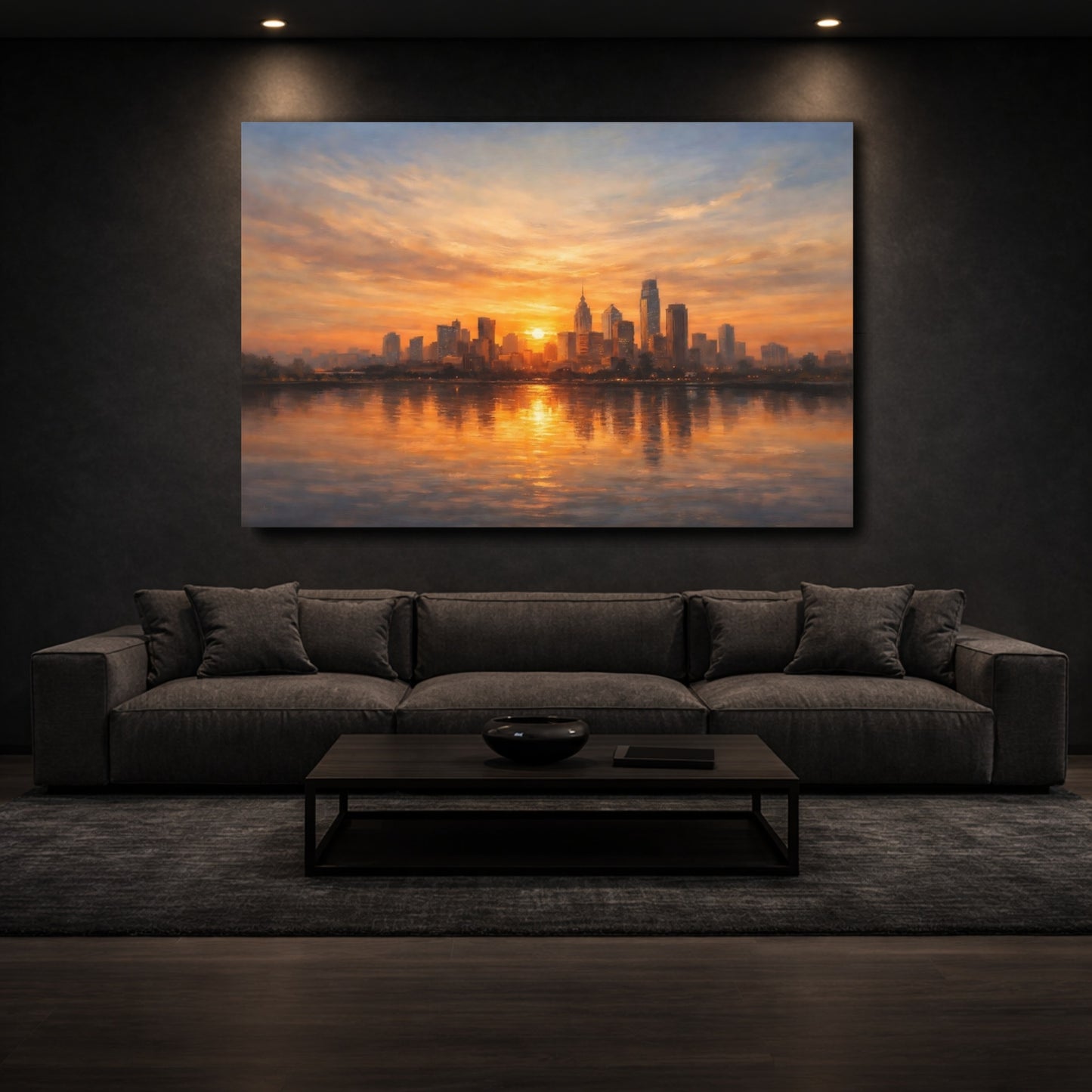 Mockup 2. Nature City Skyline Orange Cityscape shown as stretched canvas wall art